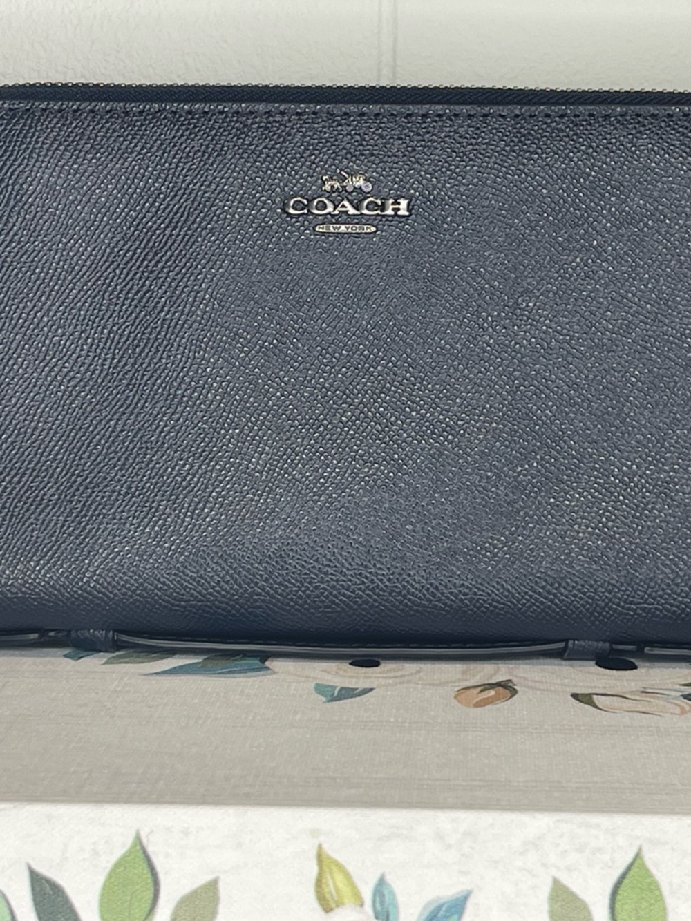 Coach Navy Textured Zip-Around Wallet with Silver Logo